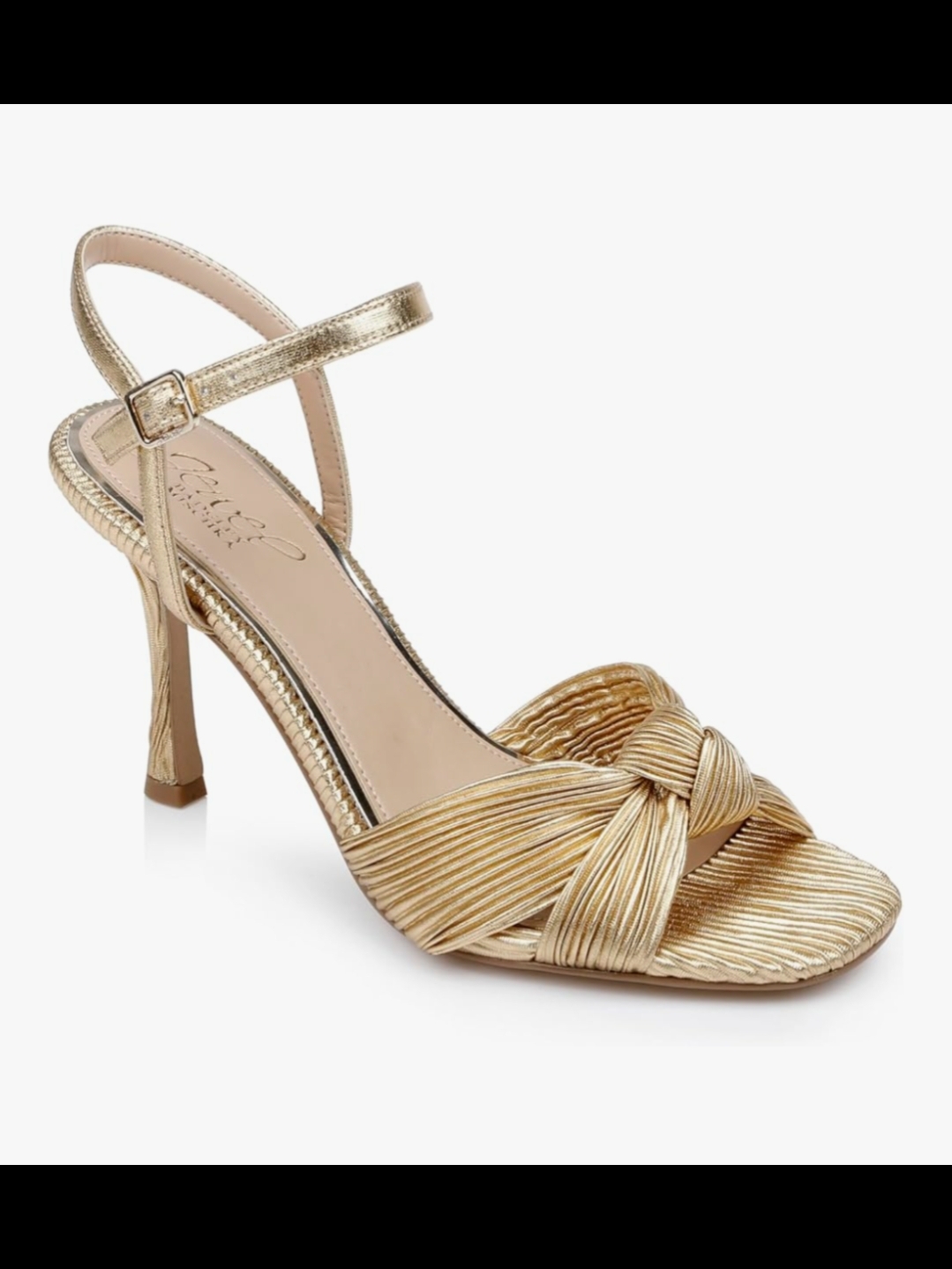 Jewel Badgley Mischka Gold Heeled Sandals Ankle Strap Pleated Size 6